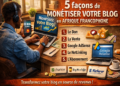 Affiche photoréaliste montrant un blogueur africain travaillant sur son ordinateur portable, illustrant 5 façons de monétiser un blog en Afrique francophone : don, vente, Google AdSense, netlinking et abonnement.