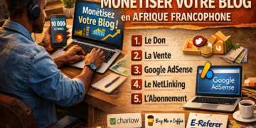 Affiche photoréaliste montrant un blogueur africain travaillant sur son ordinateur portable, illustrant 5 façons de monétiser un blog en Afrique francophone : don, vente, Google AdSense, netlinking et abonnement.