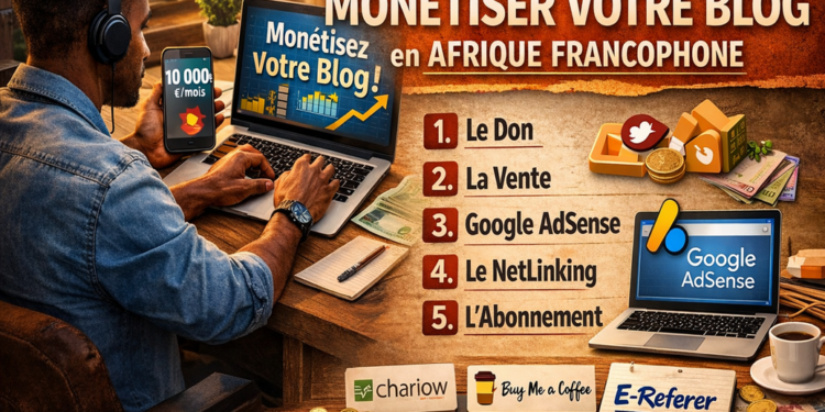 Affiche photoréaliste montrant un blogueur africain travaillant sur son ordinateur portable, illustrant 5 façons de monétiser un blog en Afrique francophone : don, vente, Google AdSense, netlinking et abonnement.