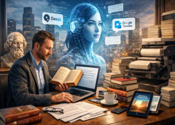 Traducteur professionnel travaillant sur un livre ancien et un ordinateur portable, assisté par une intelligence artificielle holographique, illustrant l’évolution du métier de la traduction à l’ère de l’IA.