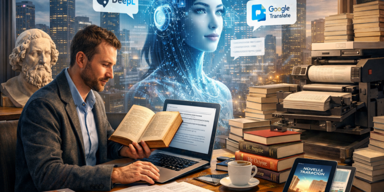 Traducteur professionnel travaillant sur un livre ancien et un ordinateur portable, assisté par une intelligence artificielle holographique, illustrant l’évolution du métier de la traduction à l’ère de l’IA.